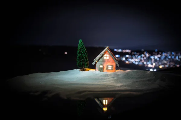 Christmas New Year Miniature House Snow Night Fir Tree Little — Stock Photo, Image