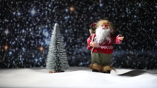 Festlig Bakgrund Juldekorationer Santa Claus Eller Snögubbe Står Snö Med — Stockvideo