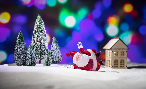 Fondo Festivo Decoraciones Navideñas Santa Claus Muñeco Nieve Pie Sobre — Foto de Stock