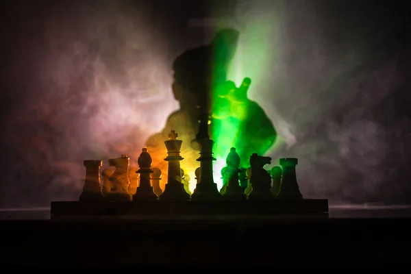 Man Playing Chess Scary Blurred Silhouette Person Chessboard Chess Figures — Stock Photo, Image