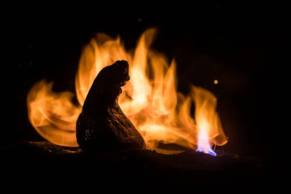 夜怖い図のホラー シルエット 女性の悪魔 悪魔が来る 火災の背景に悪魔やモンスターのフィギュアの Slhouette ホラー ビュー — ストック写真