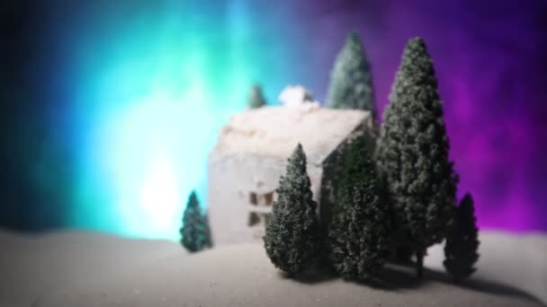 Christmas New Year Miniature House Snow Night Fir Tree Little — Stock Video
