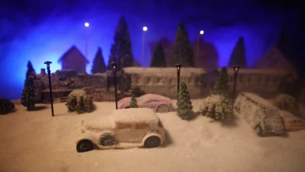 Miniatura Cena Inverno Com Casas Natal Estação Trem Árvores Cobertas — Vídeo de Stock