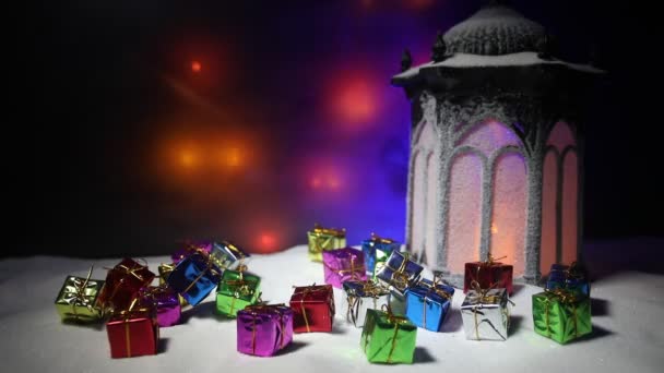 Christmas Lantern Snow Gifts Night Festive Dark Background New Year — Stock Video