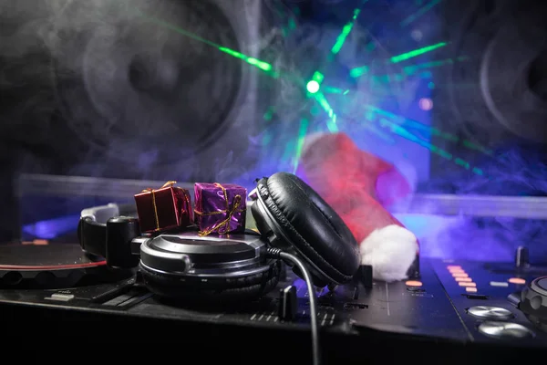 Mixer Headphones Dark Nightclub Background Christmas Tree New Year Eve — Stock Photo, Image