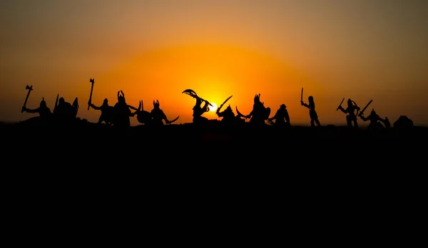 Cena Batalha Medieval Com Cavalaria Infantaria Silhuetas Figuras Como Objetos — Fotografia de Stock