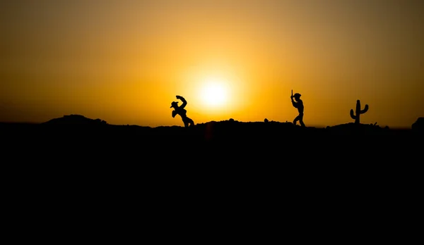 Cowboy Concept Silhouette Cowboys Sunset Time Cowboys Silhouettes Hill Horses — Stock Photo, Image