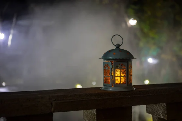 Retro Style Lantern Night Beautiful Colorful Illuminated Lamp Balcony Garden — Stock Photo, Image