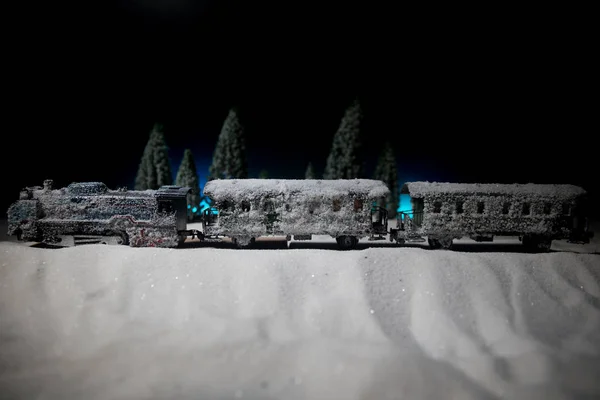 Miniatura Cena Inverno Com Casas Natal Estação Trem Árvores Cobertas — Fotografia de Stock