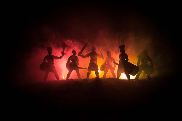 Medieval Battle Scene Silhouettes Figures Separate Objects Fight Warriors Dark — Stock Photo, Image