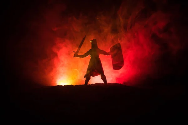 Escena Batalla Medieval Silueta Guerrero Sobre Fondo Brumoso Tonificado Oscuro — Foto de Stock