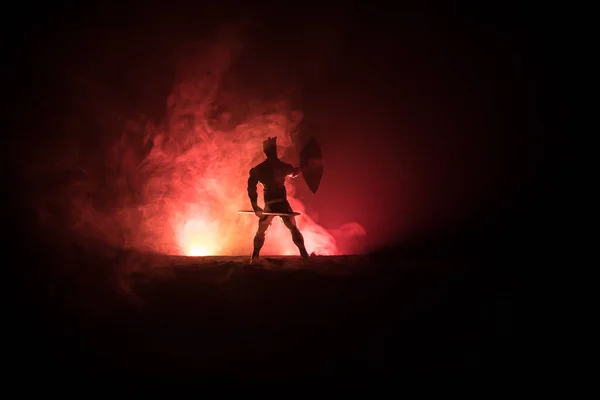 Escena Batalla Medieval Silueta Guerrero Sobre Fondo Brumoso Tonificado Oscuro —  Fotos de Stock