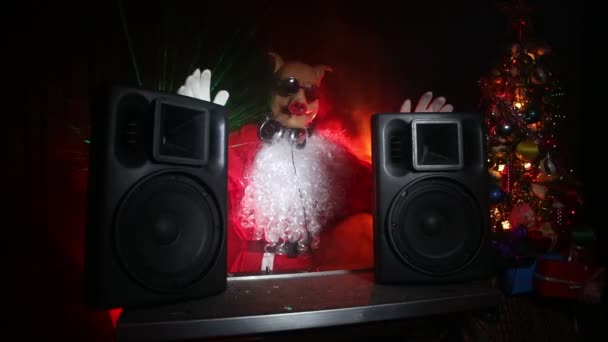 豚の概念のおかしい 2019 豚マスクの大晦日イベントで混合のクリスマス パーティーで サンタ バック グラウンドでディスコの照明 — ストック動画