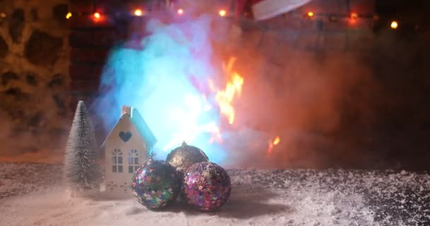 Noel Oda Tasarım Arka Plan Üzerinde Noel Süslemeleri Kar Şömine — Stok video