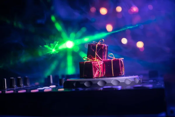 Mixer Headphones Dark Nightclub Background Christmas Tree New Year Eve — стоковое фото