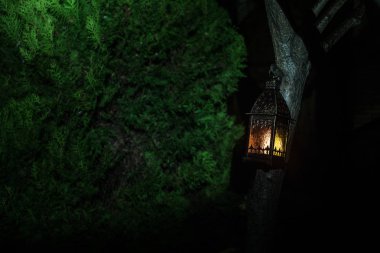 Güzel renkli bahçe lambası gece ışıklı. Retro tarzı fener gece açık. Seçici odak