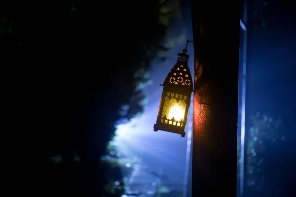 Hermosa Lámpara Iluminada Colores Jardín Noche Brumosa Linterna Estilo Retro — Foto de Stock