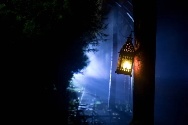 Piękne Kolorowe Podświetlane Lampy Ogrodzie Mglistej Nocy Styl Retro Latarnia — Zdjęcie stockowe