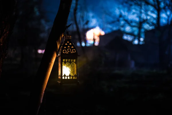 Bella Lampada Colorata Illuminata Giardino Nella Notte Nebbiosa Lanterna Stile — Foto Stock