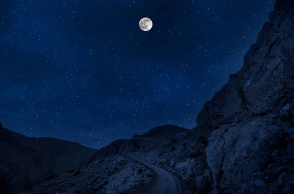 Mountain Road Attraverso Foresta Una Notte Luna Piena Paesaggio Paesaggistico — Foto Stock