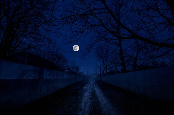 Full moon over the ruins of old grunge building at night. Beautiful night landscape with full moon