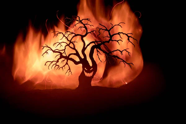 Silhouette of scary Halloween tree with horror face on dark foggy toned fire. Scary horror tree Halloween concept. Selective focus