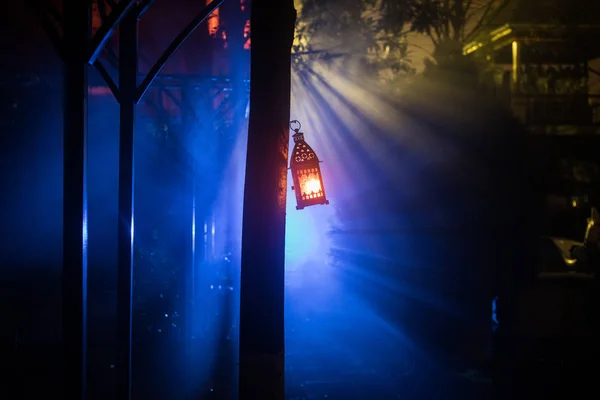 โคมไฟเร องแสงท สวยงามส นสดใสในสวนในค หมอก โคมไฟสไตล อนย คตอนกลางค อกโฟก — ภาพถ่ายสต็อก