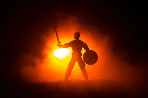 Mittelalterliche Schlachtszene Silhouette Eines Kriegers Auf Dunkel Getöntem Nebeligen Hintergrund — Stockfoto
