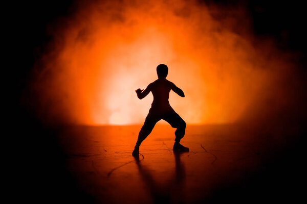 Karate athletes fighting scene.Character karate. Posing figure artwork decoration. Sports Scramble or Man practicing karate on decorated foggy background with light.