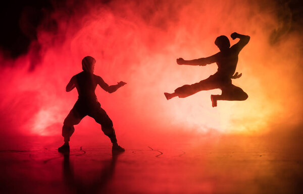 Karate athletes fighting scene.Character karate. Posing figure artwork decoration. Sports Scramble or Man practicing karate on decorated foggy background with light.