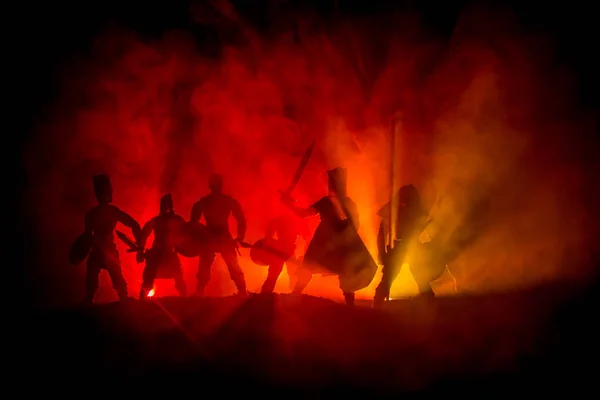 Medieval Battle Scene Silhouettes Figures Separate Objects Fight Warriors Dark — Stock Photo, Image