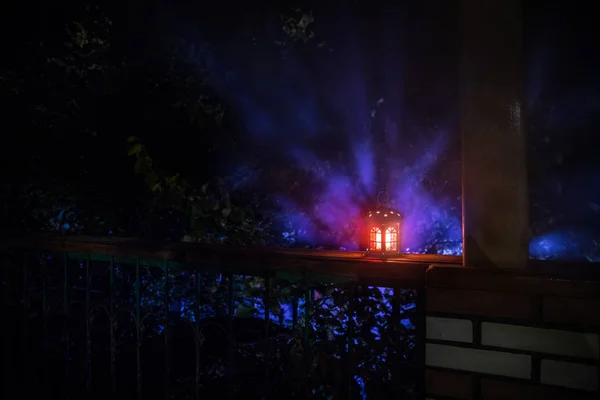Lanterne Style Rétro Nuit Belle Lampe Lumineuse Colorée Balcon Dans — Photo