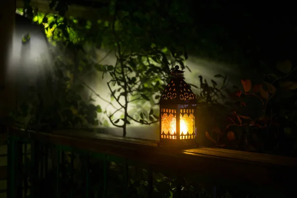 Retro Style Lantern Night Beautiful Colorful Illuminated Lamp Balcony Garden — Stock Photo, Image