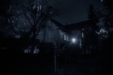Binanın Orman geceleri ay veya vintage kır evi ile bulutlar ve yıldız ile gece dağ gece manzarası. Yaz gecesi. Uzun pozlama ile çekilen fotoğraf