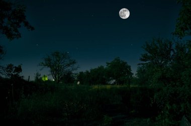Dolunay geceleri bina eski grunge kalıntıları üzerinde. Dolunay ile güzel gece manzarası