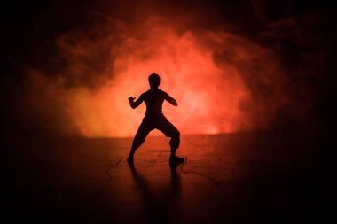 Karate sporcular sahne mücadele. Karakter karate. Şekil sanat dekorasyon poz. Spor Scramble veya karate ışık ile dekore edilmiş sisli arka plan üzerinde pratik adam.