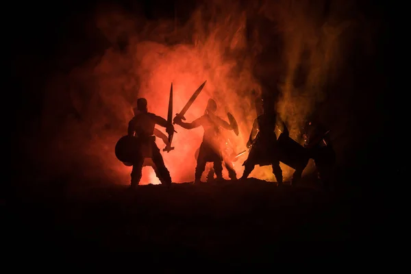 Medieval Battle Scene Silhouettes Figures Separate Objects Fight Warriors Dark — Stock Photo, Image