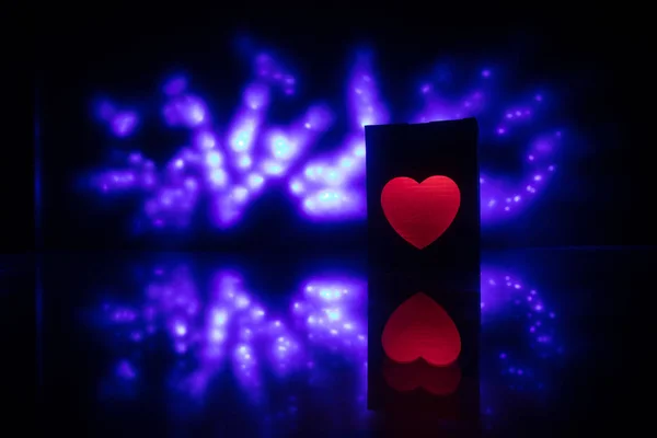 Dark Table Valentines Day Concept Love Red Shape Heart Bokeh — стоковое фото