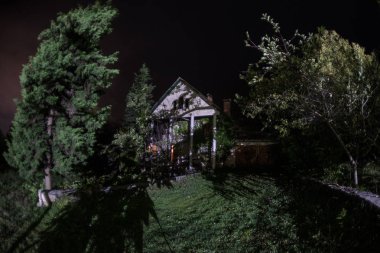 Binanın Orman geceleri ay veya vintage kır evi ile bulutlar ve yıldız ile gece dağ gece manzarası. Yaz gecesi. Uzun pozlama ile çekilen fotoğraf