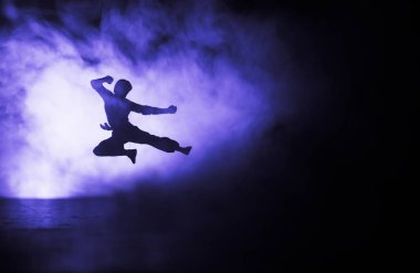 Karate sporcular sahne mücadele. Karakter karate. Şekil sanat dekorasyon poz. Spor Scramble veya karate ışık ile dekore edilmiş sisli arka plan üzerinde pratik adam.
