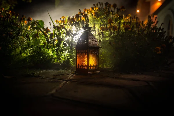 Retro Style Lantern Night Beautiful Colorful Illuminated Lamp Balcony Garden — Stock Photo, Image