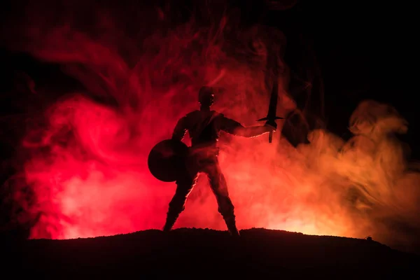 Escena Batalla Medieval Silueta Guerrero Sobre Fondo Brumoso Tonificado Oscuro — Foto de Stock
