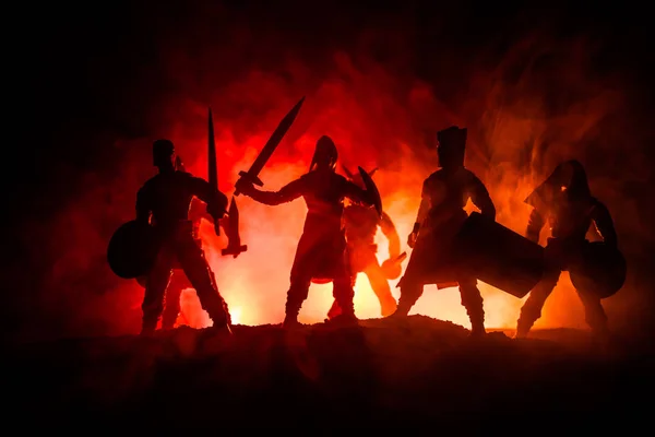 Medieval Battle Scene Silhouettes Figures Separate Objects Fight Warriors Dark — Stock Photo, Image