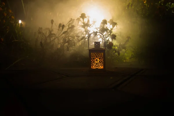 Retro Style Lantern Night Beautiful Colorful Illuminated Lamp Balcony Garden — Stock Photo, Image