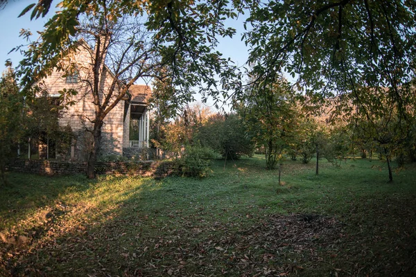 Bella Casa Villaggio Paesaggistico Con Alberi Nella Foresta Durante Autunno — Foto Stock
