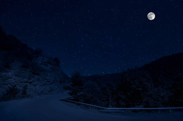 山路在满月之夜穿过森林 风景秀丽的乡村路风景在晚上与大月亮 — 图库照片