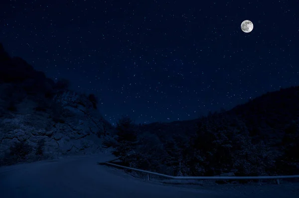 Mountain Road Través Del Bosque Una Noche Luna Llena Paisaje — Foto de Stock