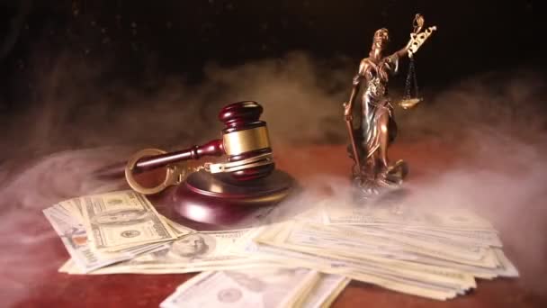 Law Theme Mallet Judge Wooden Desk Lady Justice Statue Law — Stock Video