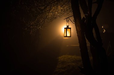 Beautiful colorful illuminated lamp in the garden in misty night. Retro style lantern at night outdoor. Selective focus clipart