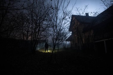 Geceleri ormanda bir hayaletin olduğu eski bir ev ya da sis içinde terk edilmiş bir korku evi. Ölü ağaç ormanındaki eski mistik bina. Geceleri aylı ağaçlar. Gerçeküstü ışıklar. Korku Cadılar Bayramı konsepti